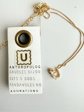 Anthropologie 14k Gold Plated Crystal Initial Monogram Necklace U Pendant